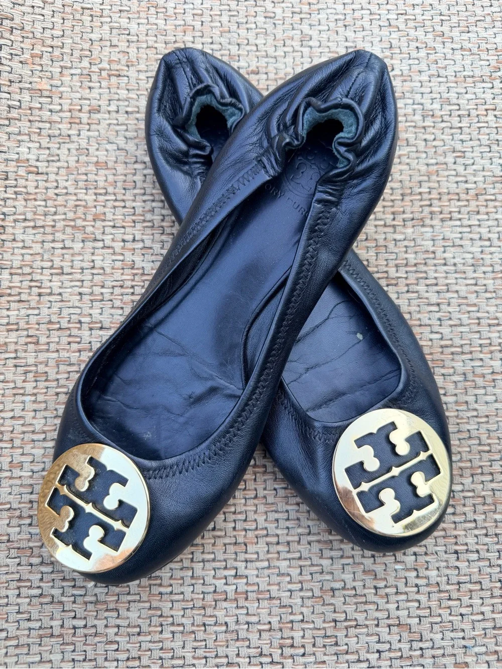 Tory Burch Black Leather Flats with Gold Logo Medallions